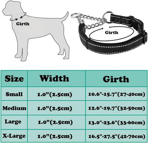 Martingale Dog Collar with Stainless Steel Chain, Adjustable Soft Padded Nylon Reflective Collar, No Pull Heavy Duty Chain Walking Training Collla...