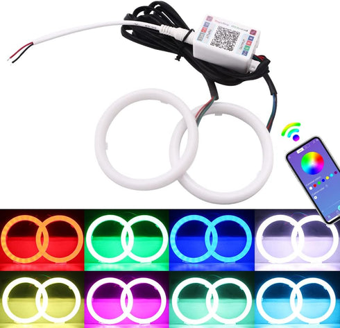 YM E-Bright 1 Set 70MM RGB Angel Eyes LED Halo Rings for Car Lamp Daytime Running Light COB Chips Multil-Color Circle Ring Mobile App Control with...