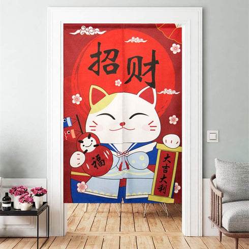 Door Curtain Japanese Noren Curtain Cotton Linen Handcrafted Blackout Doorway Curtain Panel Chinese Characters Lucky and Fortune Cat 29" x 35"...