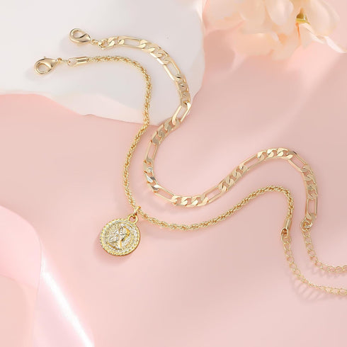 Gold Anklets Bracelets for Women Waterproof 14K Retro Coin Initial Bracelets Layered Birthflower Ankle Adjustable Handmade Cuban Chain Anklet Brac...