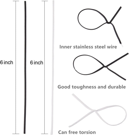200 Piece Metallic Twist Cable Cord Wire Ties Reusable Fastening (6 Inch, Black and White)...
