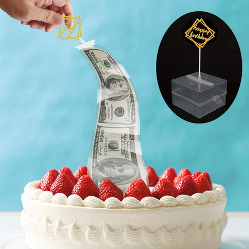 Money Pull Out Kit - Birthday Money Box with 1 Pcs Happy Birthday Cake Topper and 20 Transparent Bag Connected Pockets Cake Decoration...