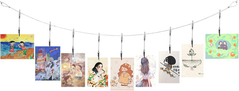 Metal Wall Hanging Photo Display, Steel Wall Hanging Display Cable Wire Rod with 12PCS Alligator Clips, Picture Holders for Postcards and Artworks...