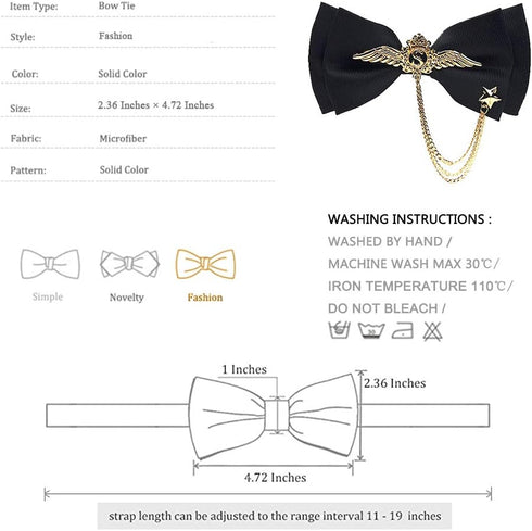 Men's Adjustable Bow tie Gold Metal Wings Chain Two Layer Neck Bowtie...