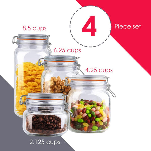 Home Basics Canister Sets For The Kitchen, (4 Piece Set) Clear Glass Decorative Countertop Set | With Metal Latches and Silicone Seals | For Flour...