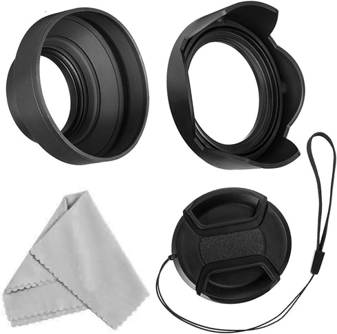 52mm Lens Hood Set, Collapsible Rubber Lens Hood with Filter Thread + Reversible Tulip Flower Lens Hood + Center Pinch Lens Cap + Microfiber Lens ...