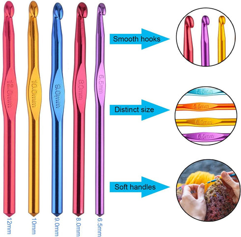 Large Size Aluminum Crochet Hook Set 6.5m(K)/8mm(L)/9mm(M)/10mm(N)/12mm(O) Knitting Needles Craft Weave Yarn Set - Mini Keychain Set Included...