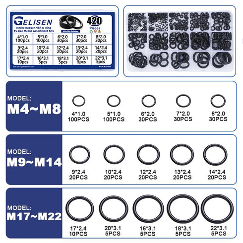 Gelisen 420Pcs Nitrile Rubber O-Rings Kit 15 Sizes Universal NBR Metric Washer Gasket Assortment Set for Hydraulics, Pneumatics & Plumbing Sealing...