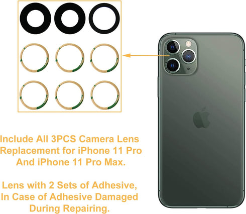Rear Back Camera Lens Glass Replacement Compatible with iPhone 11 Pro & iPhone 11 Pro Max with Adhesive, Anti-Static Tweezers, Precision Knife Rep...