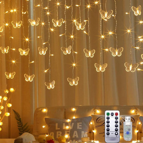 Lainin USB Powered 13FT 96 LED Curtain Lights 16 Butterflies Twinkle Lights 8 Modes Fairy Light Strip for Party Indoor Outdoor Room Garden Wedding...