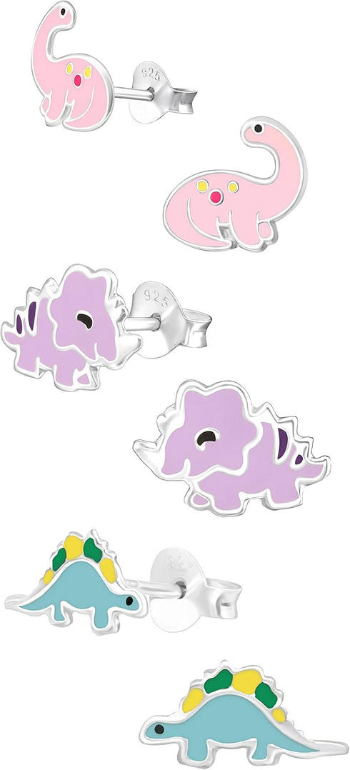 925 Sterling Silver Set of 3 Pairs Assorted Dinosaur and Friends Stud Earrings (Nickel Free)...