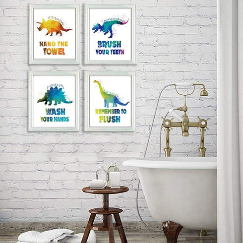 CHIEN-CHI LILI Wash Your Hands Dinosaur Bathroom Art Prints Set of 4(8”X10”), Motivational Quote Bathroom Room Decor for Kids Girls Boys Daughter ...
