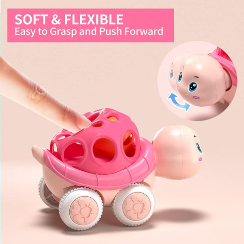 Pink Toy Car for Baby Girl Gifts, Push Toys Wind Up Cars for Toddler Girls, Rattle Cars for Babies, Pink Trucks for Toddlers 1-3 Infant Girls, Sof...