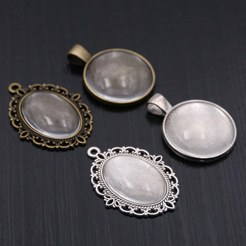 Glarks 64-Pieces Pendant Set, 16Pcs Oval Pendant Trays and 16Pcs Round Bezels with 32Pcs Glass Cabochon Round Clear Dome Tiles for Crafting DIY Je...