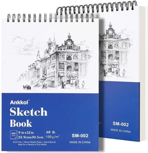 Ankkol 9x12 Sketchbook, Sketch Book Pack of 2, 200 Sheets (68 lb/100gsm), Spiral Bound Artist Sketch Pad, 100 Sheets Each, Sturdy Acid Free Drawin...