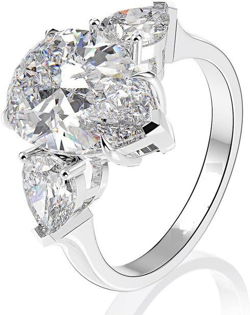 Hsitgexf Shining Classic Plated Silver Pear Cut Teardrop Halo Cubic Zirconia CZ Statement 3-Stone Eternity Wedding Engagement Ring for Women (US s...