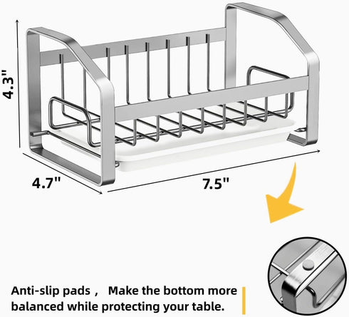 Kitchen Sink Sponge Holder, 304 Stainless Steel Kitchen Soap Dispenser Caddy Organizer, Countertop Soap Dish Rack Drainer with Removable Drain Tra...