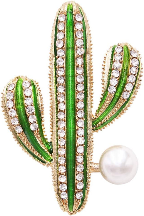 Rosemarie & Jubalee Women's Whimsical Gold Tone Crystal And Pearl Adorned Green Enamel Cactus Statement Brooch Pin...