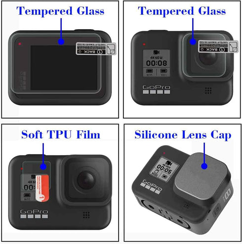 Screen Protector for GoPro Hero 8 Hero8 Black Camera + lens screen protector+Lens cap Cover,9H Hardness Tempered Glass Saver,Anti-Scrach Anti-Fing...
