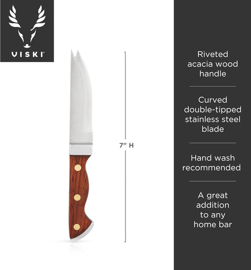 Viski Bartender Knife, 7 Inch Knife, Acacia Wood Handle, Double Tipped Stainless Steel Blade, Bar Knife, Riveted Base, Set of 1...