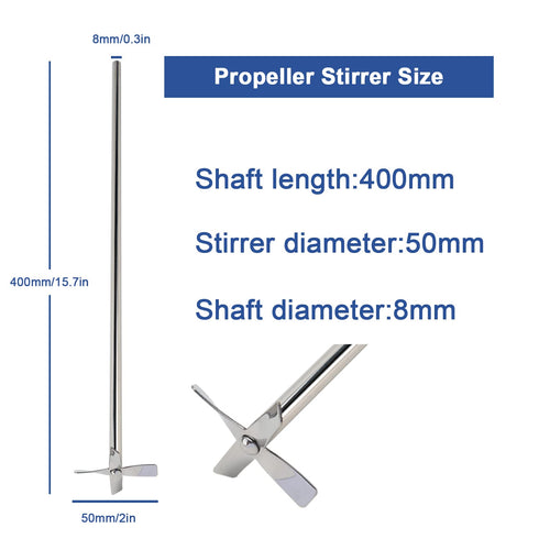 ONiLAB 18900071 316L Stainless Steel 4 Bladed Propeller Stirrer ?50 mm Stirrer Diameter, 8 mm Shaft Diameter, 400 mm Shaft Length...