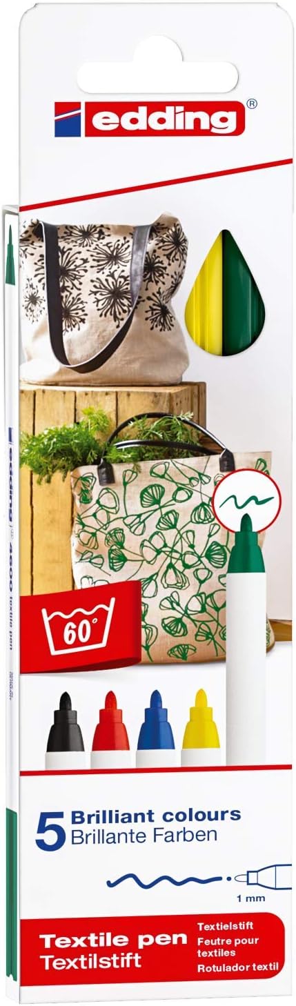 edding 4600 textile pen - black, red, blue, green, yellow - set of 5 - round nib 1 mm - permanent fabric pens for drawing on textiles, wash-resist...