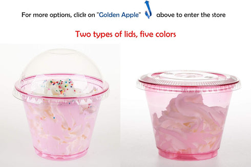 Golden Apple, 9oz-50sets Pink Red Plastic Cups with Clear Flat no Hole lids…...