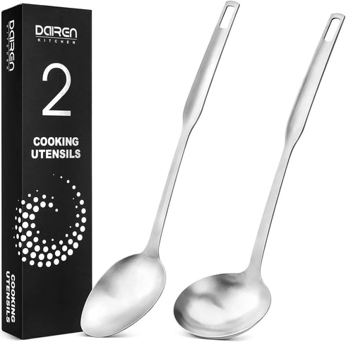 Premium Stainless Steel Serving Spoons and soup ladle, Matte Large Serving Spoon Slotted Spoons for Cooking 14.7Inch, Set of 2...