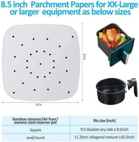 200pcs 8.5inch Square Perforated Parchment Paper Sheets, Premium Nonstick Bamboo Steamer Liner for Air Fryers, Steaming Basket, Oven, Baking, Cook...