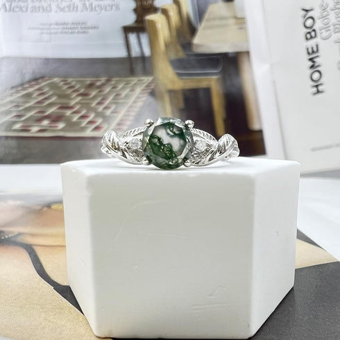 Moss Agate Ring for Women Silver Vintage Open Green Gemstone Rings for Wedding Fashion Engagement Jewelry Gifts...