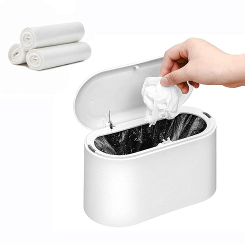 SUBEKYU Mini Trash Can with Lid,Small Desk Trash Can,Countertop Mini Garbage Cans,Tiny Waste Basket,White,with 3 roll Bags...
