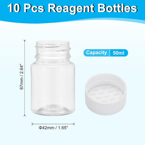 PATIKIL 10 Pcs 50ml Reagent Bottles, PET Wide Mouth Round Bottles with Screw Cap for Lab Water Reagent Liquids Solid Sample Storage Seal, Transpar...