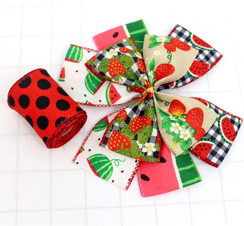 2.5" Watermelon and Strawberry Ribbon,Summer Craft Wire Edged Ribbon,Checks,Polka Dots,Watermelon Slices,Strawberries and Flowers Faux Linen Ribbo...