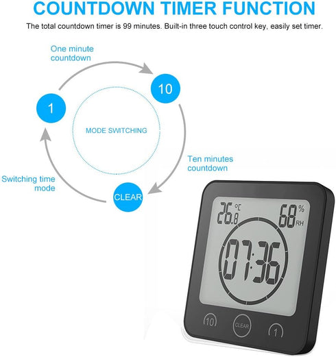 AOZBZ Shower Wall Clock, Digital Kitchen Timer with Alarm, Waterproof Touch Screen Timer, Temperature Humidity Display with Suction Cup Hanging Ho...