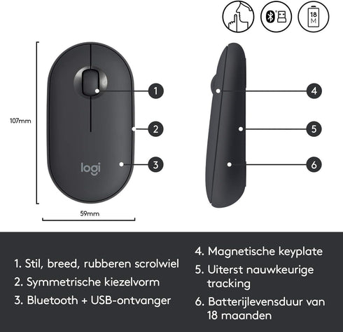 LOGI Pebble M350 Portable Wireless Mouse with Bluetooth or 2.4 GHz Receiver, Silent, Slim Computer Mouse with Quiet Click for Laptop, Notebook, PC...