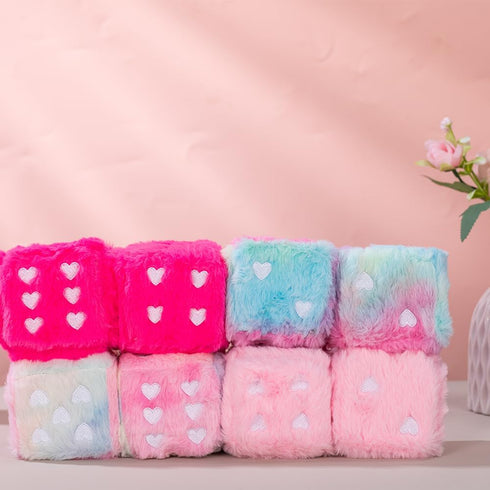 Heart Embroidered Baby Pink Fuzzy Plush Dice - 3-Inch Decorative Car Mirror Hanging Ornaments, Soft Foam, Easy Install, Great Gift Idea (Baby Pink...