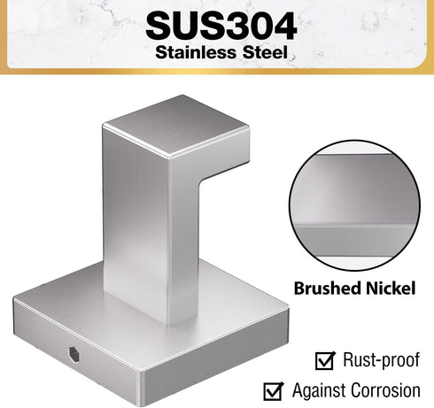 HITSLAM Towel Hooks for Bathroom Wall Mounted, Brushed Nickel Bathroom Towel Hook, SUS304 Stainless Steel Robe Hook and Coat Hooks, Square Wall Ho...