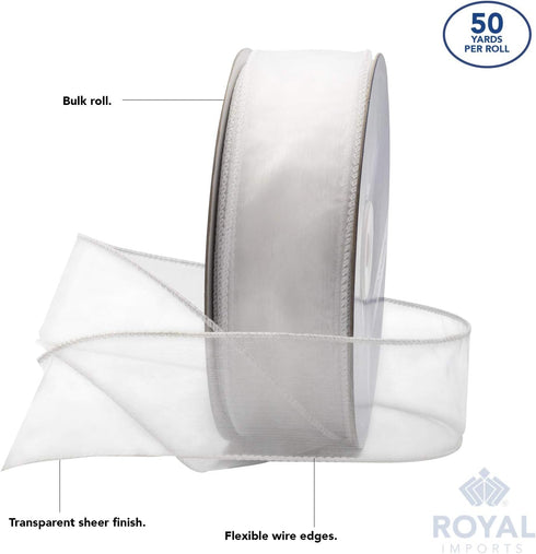 Royal Imports Organza Wired Sheer Ribbon 1.5" (#9) for Floral & Craft Decoration, 50 Yard Roll (150 FT Spool), White...