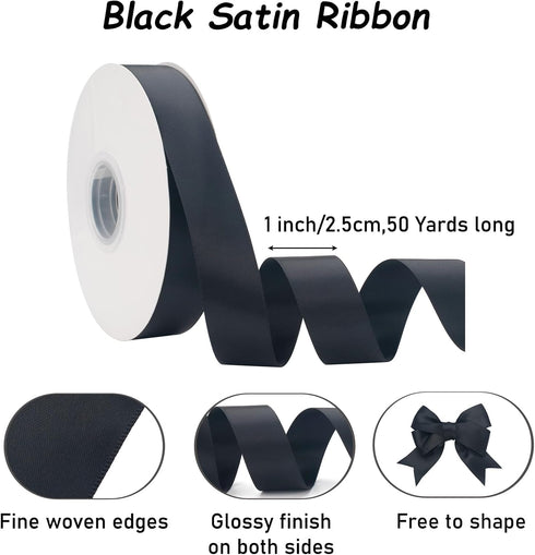 Double Faced Black Satin Ribbon 1 Inch x 50Yds, Solid Silk Fabric Ribbons for Gift Wrapping, Hair Bows, Craft Sewing, Graduation Lei Making, Holid...
