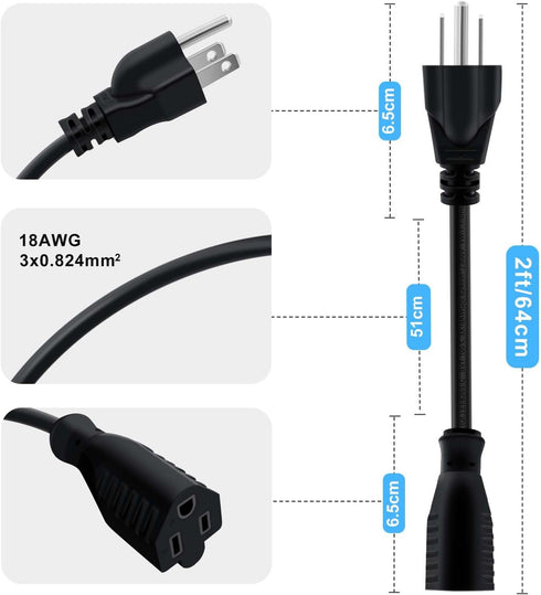3 Prong Extension Cord Black 10A/125V/18AWG NEMA 5-15P to NEMA 5-15R Power Cable Extension,Applicable to PC,Monitor,TV,Electrical Appliances and M...