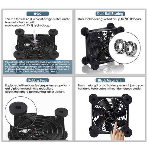 Dual 80mm Fan with 10 Speed USB 5V Fan DC 12V IPX5 Waterproof Fan PC Fan Portable Cooling Fan for Tablet TV Receiver Router DVR Xbox Greenhouse Ke...