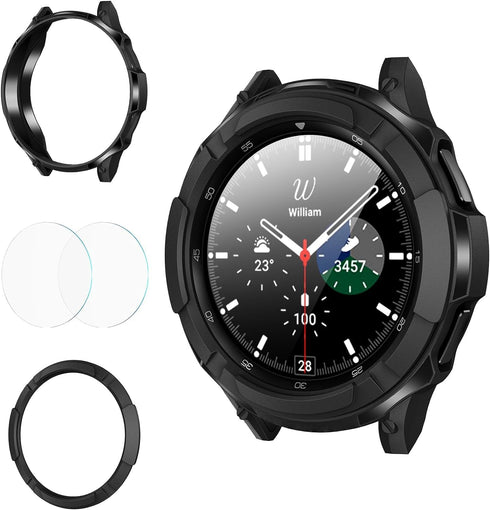 Goton 3 in 1 Accessories for Samsung Galaxy Watch 3 45mm, 1 Rugged TPU Armor Bumper Case +2 Tempered Glass Screen Protector Films + 1 Bezel Ring f...