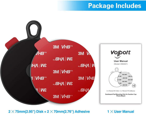 volport Dashboard Pad Mounting Disk for Suction Cup Phone Mount, 2.95in/75mm Sticky Adhesive Disc for Car Dash Cam GPS Holders with 3M Extra Stron...