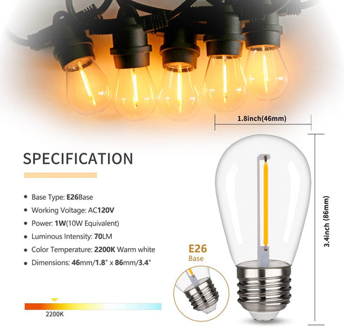 S14 Replacement LED Light Bulbs, Shatterproof & Waterproof 1W S14 LED Bulbs, Outdoor String Lights , E26 Base Patio Edison LED Light Bulbs, Warm W...