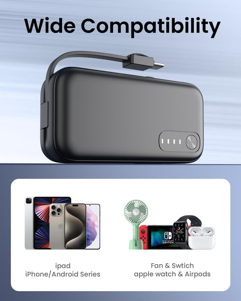 Small Portable Charger with Built-in Cables - 15W QC3.0 Fast Charing USB C Power Bank 5000mAh, Portable External Battery Pack for iPhone 15/14/13 ...