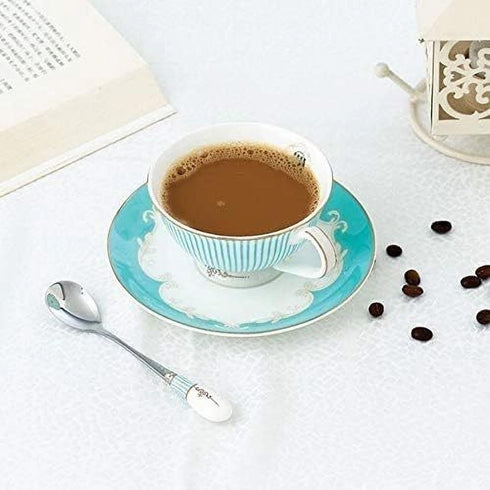 Cup& Saucer Set Bone China Porcelain Tea Coffee Cup for Breakfast Afternoon Tea- Blue Stripe Pattern (1)...