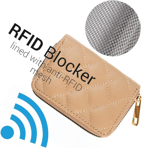 RFID Small Wallet Women Mini Credit Card Holder Organizer Case with Zipper Slim Almond...