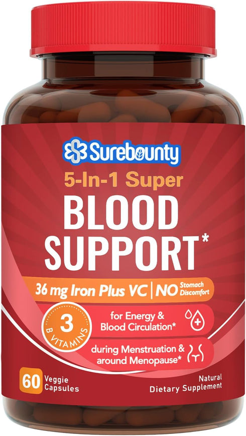 Iron Supplement, Iron Bisglycinate with Folate, Vitamin C, B6, B12, 5-in-1 Blood Support, Gentle on Stomach, Once Daily, Vegan, 60 Capsules...