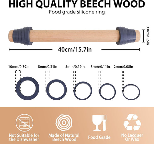 Adjustable Wood Rolling Pin with Thickness Rings for Baking -Non Stick Wooden Dough Roller Pin with Spacer Bands for Cookie,Pie Crust, Pastry Fond...