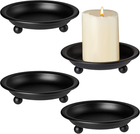 4 Pieces Matte Black Iron Candle Plate Decorative Saucer Style Candle Holder Tray Metal Pedestal Candle Stand for Christmas Table Centerpiece Wedd...